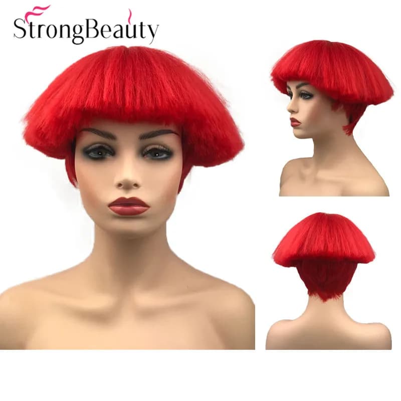 StrongBeauty Short Yaki Straight Synthetic Wigs Red/White/Blonde/Black Mushroom Head Wig Heat Resistant Hair