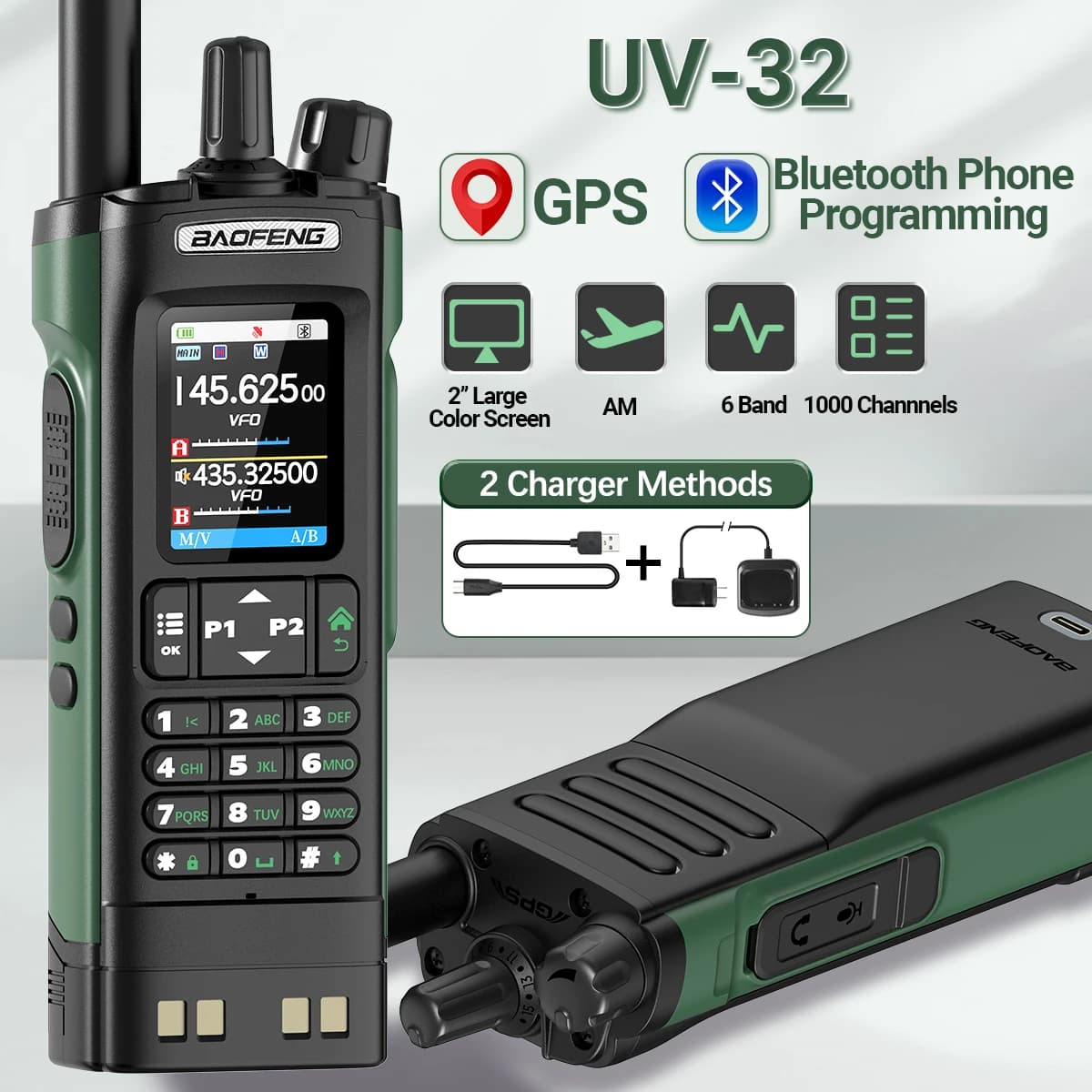 BAOFENG UV-32 GPS Walkies Talkie AM FM Long Range Bluetooth Programming 10W Wireless Copy Frequency 1000CH Two Way Radio UV-5RH