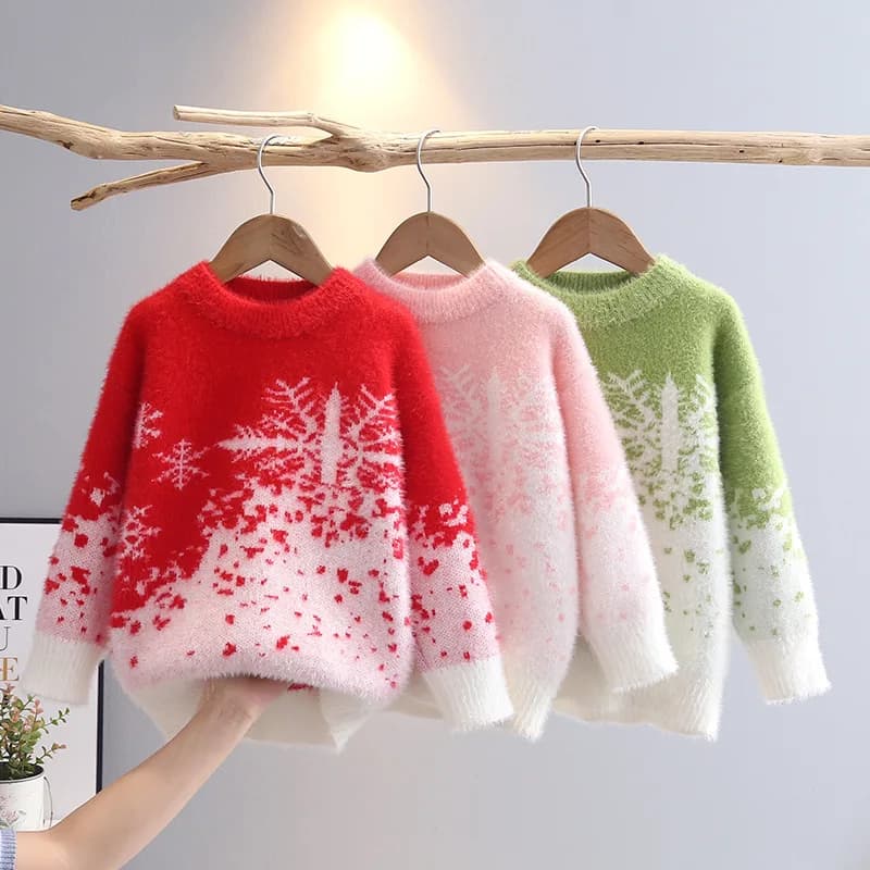 Girls Sweater Autumn Winter 2024 New Snowflake Spot Bottoming Knitted Sweaters for Kids Girl Comfort Fluffy Knit Clothes HY11022