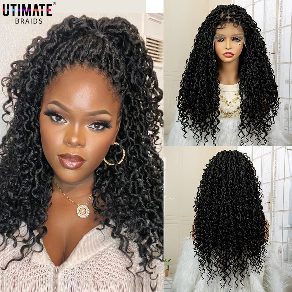 Synthetic Curly Knotless Box Braided Wigs for Women 26 Inches Lace Frontal Dreadlock Braids Wig with Baby Hair Locs Braiding Wig