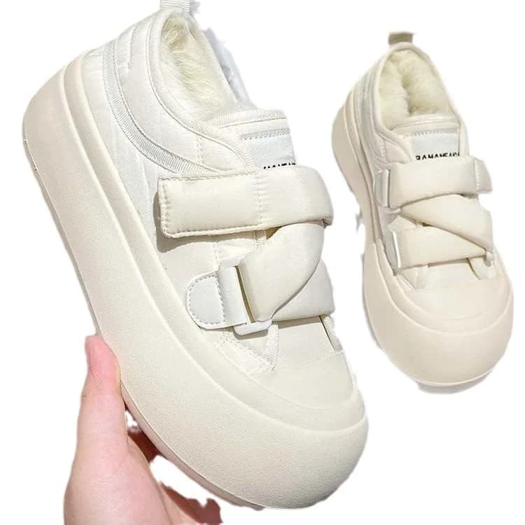 2023 New Little White Shoes Cotton Ventilate Breathev Women's Instagram Winter Thickened Velcro Warm Cream Bread Thick Sole