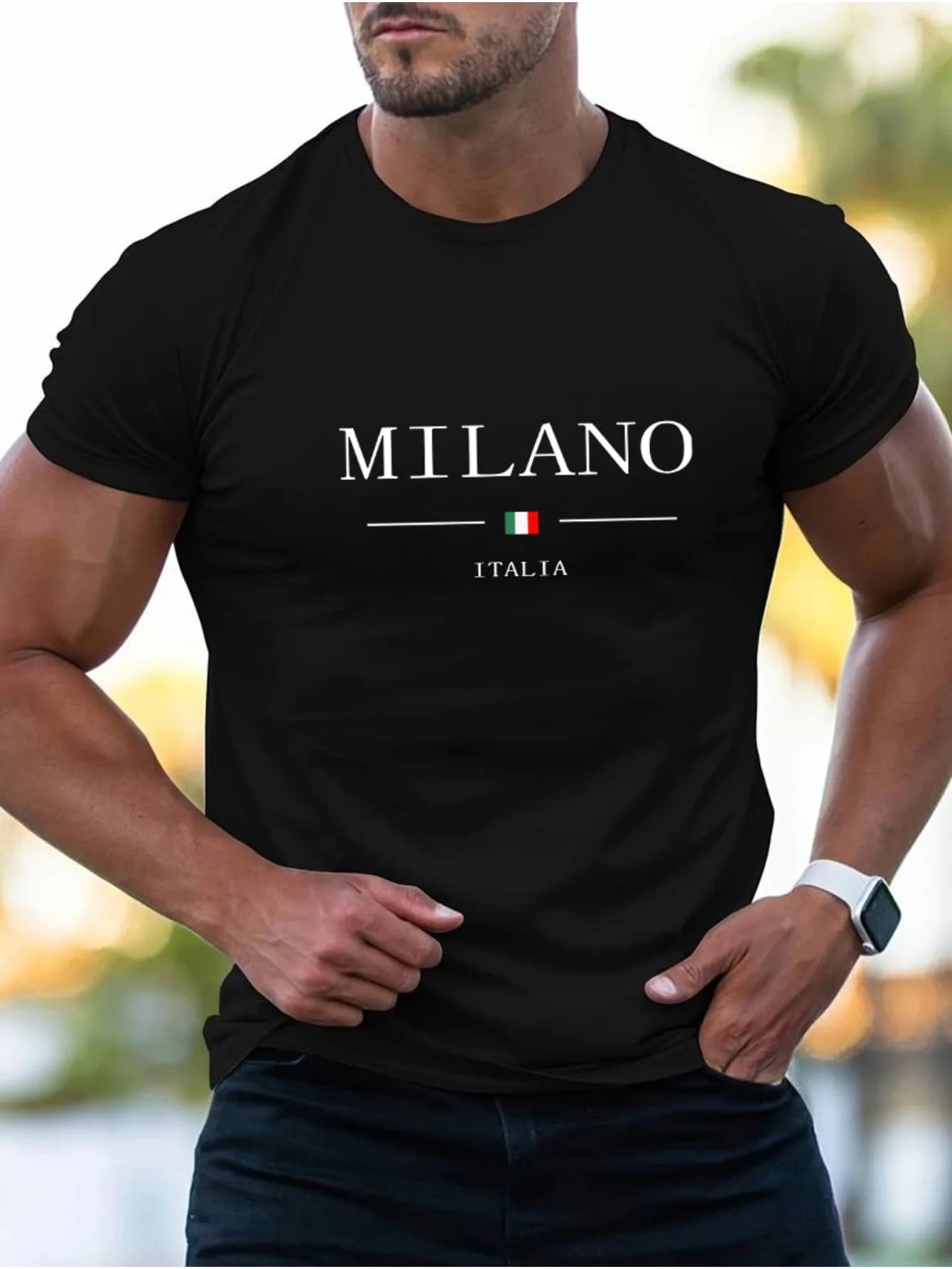 Summer men's 100% cotton casual sports loose plus MILANO print comfortable shopping round neck short sleeved T-shirt top