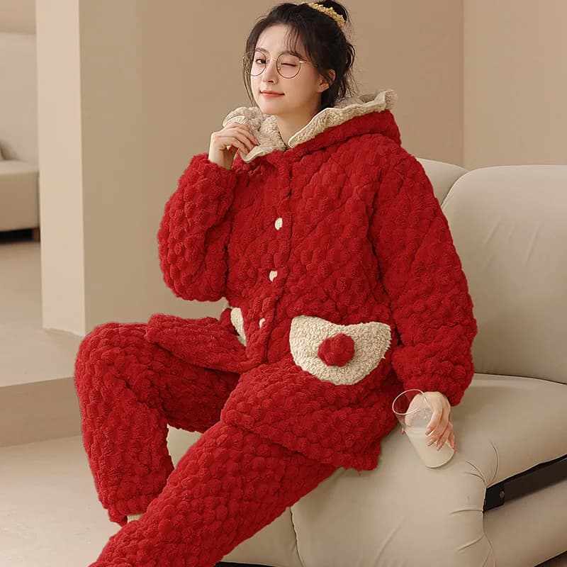 New Ladies Pajamas Coral Fleece Loungewear Set Women's Winter Flannel Long Sleeved Cardigan Sleepwear Women's Plus Size Pajama