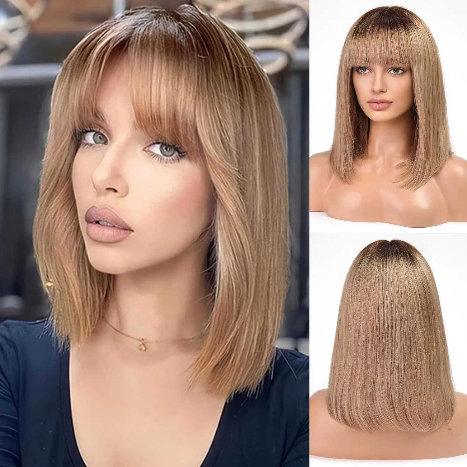 14 Inch Human Hair Bob Wigs for Women Ash Brown Short Straight Wigs with Bangs 100% Human Hair Wigs for Daily Use 180% Density