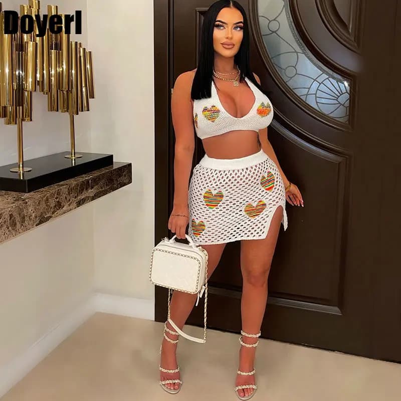 Summer Knitted Crochet Hollow Out 2 Piece Skirt Sets Womens Outfits Beach Vacation Halter Crop Top and Mini Skirts Matching Sets