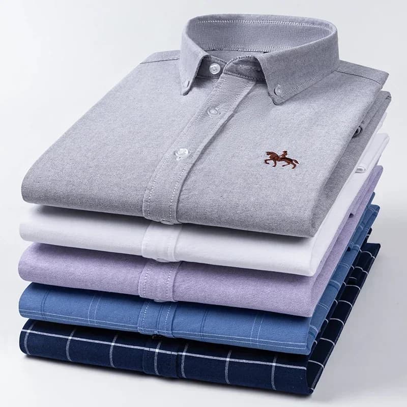 2025 100% Cotton Men Shirt Floral Long Sleeve Casual Plus Size Thick Oxford Man Embroidered Horse Shirts Streetwear Oversized