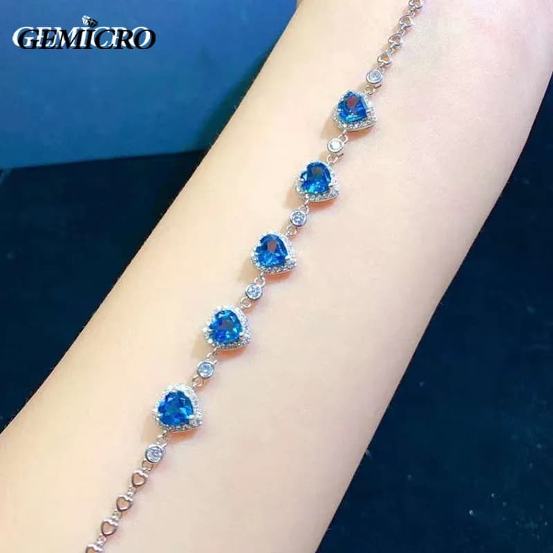 Gemicro Blue Topaz Women's Bracelets with Natural Diamond 6*6mm Heart Shape Stone 925 Sterling Silver Wedding Party Fine Jewelry