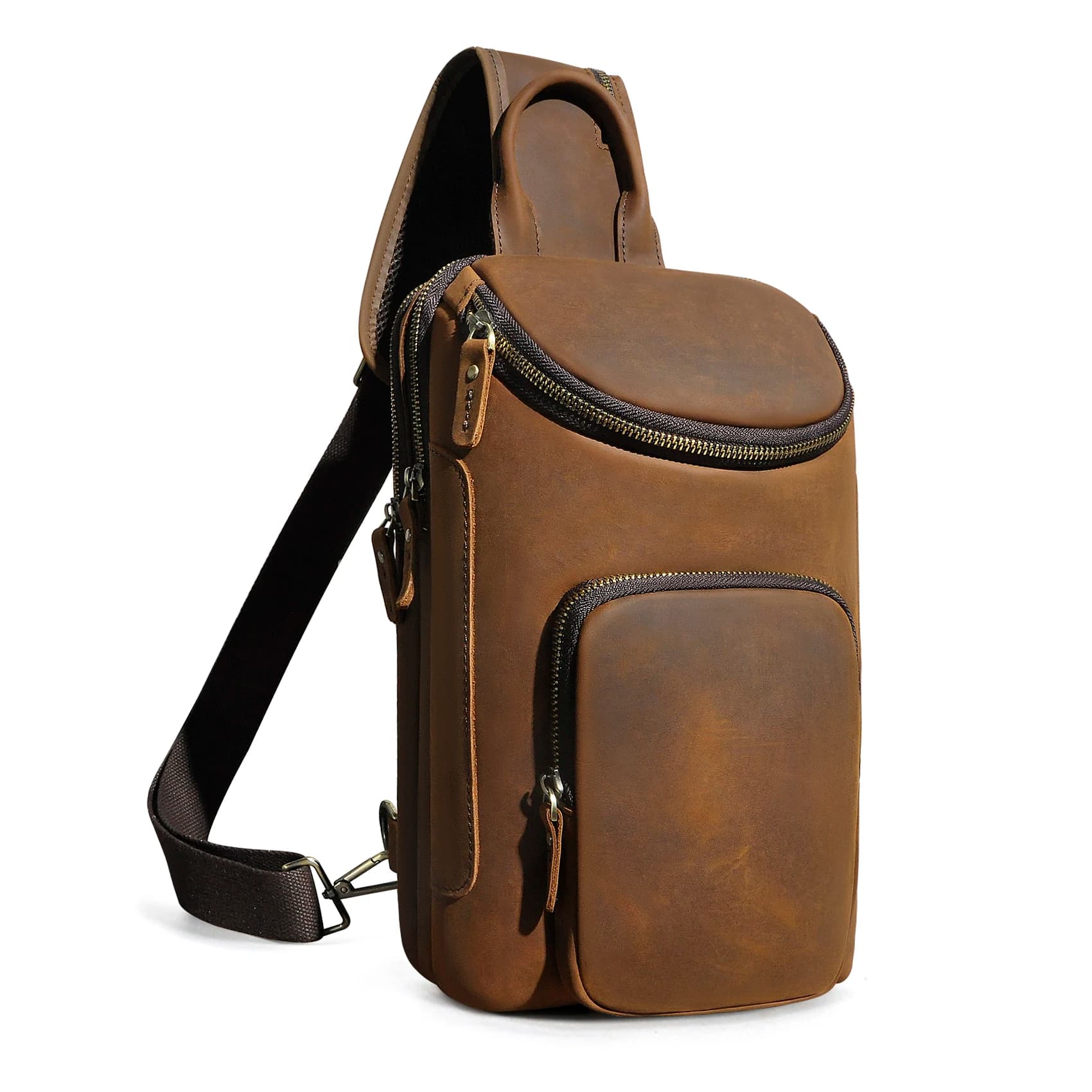 Quality Crazy Horse Leather Vintage Sling Chest Bag 12" Tablet Design Tea One Shoulder Strap Cross-body Bag For Men Male 8033b
