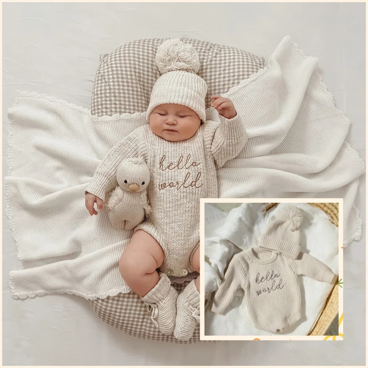 Ylsteed Hello World Knitting Newborn Photography Romper with Matching Pomp Hat Baby Boy Girl Sweater Outfits for Photo Shooting