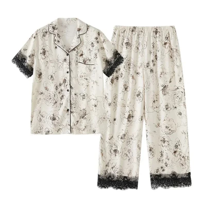 Women's Satin Turn-down Collar Pajamas Lace Cuff Ink Rose Short Sleeve Sleepwear Viscose Casual Elegant Loungewear 2 Piece Sets