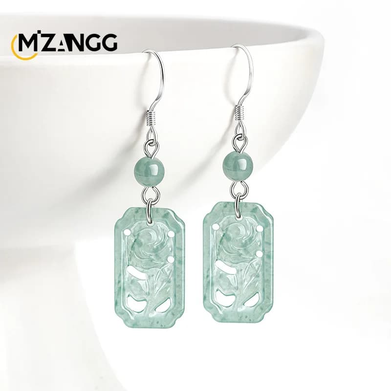 Natural S925 Silver Inlaid A Goods Jadeite Blue Water Rose Earrings Ice Kind of Fashion Luxury Women's Earrings Holiday Gift