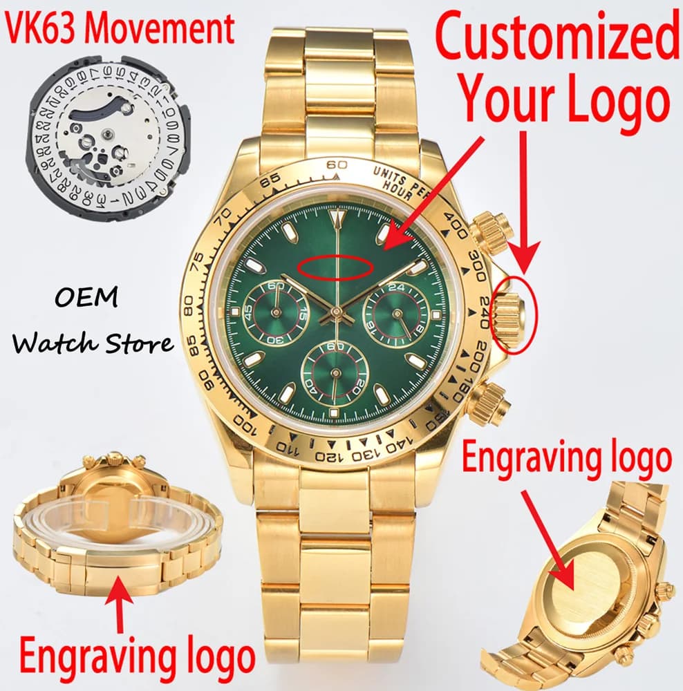 39mm Watch VK63 Watch Men's Luxurious Quartz Watch Dial 316 Stainless Steel Sapphire Glass Waterproof Case Watch DIY Custom Logo