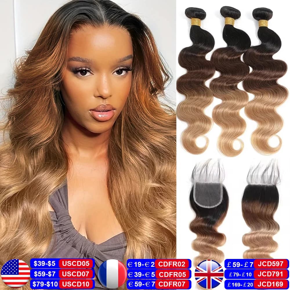 Ombre Color Body Wave Human Hair Bundles with closure Brazilian  human hair 1b/4/27 Hair Weave Bundles human Hair Extension