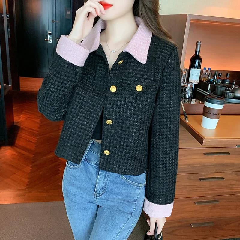 Insozkdg Quilted Coats Vintage Short Blazers Black Tweed Cardigan Jaqueta Feminina Autumn Jacket Fashion Chic Long Sleeve Coats