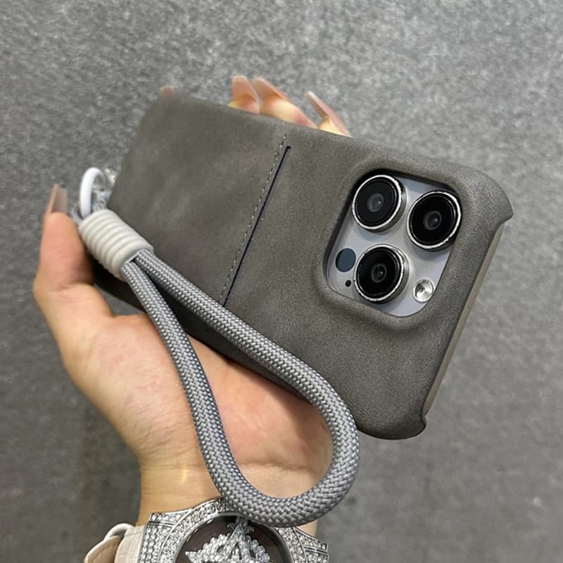 Luxury Matte Leather Slot Card Wallet Case For iPhone 16 Pro Max 15 14 Plus 13 12 With Wrist Strap Lanyard Cord Shockproof Cover