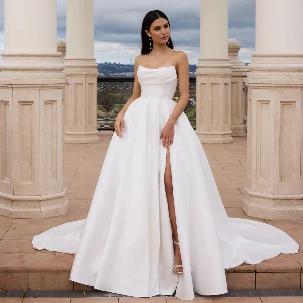 Gorgeous Satin Romantic Wedding Dresses Fascinating Sexy Backless Mermaid Off Shoulder Sleeveless High Split Mopping Bride Gown