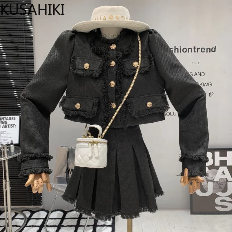 KUSAHIKI Elegant Tweed Coat Women 2023 Autumn Winter New Fashion Mini Pleated Skirt Two Pieces Sets Korean Style 2Piece Outfits