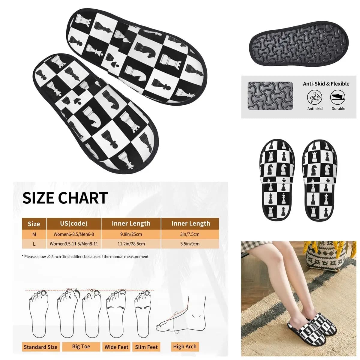 Black And White Chess Stuff Men Women Furry slippers,fashion Color printing special Home slippers,Neutral slippers