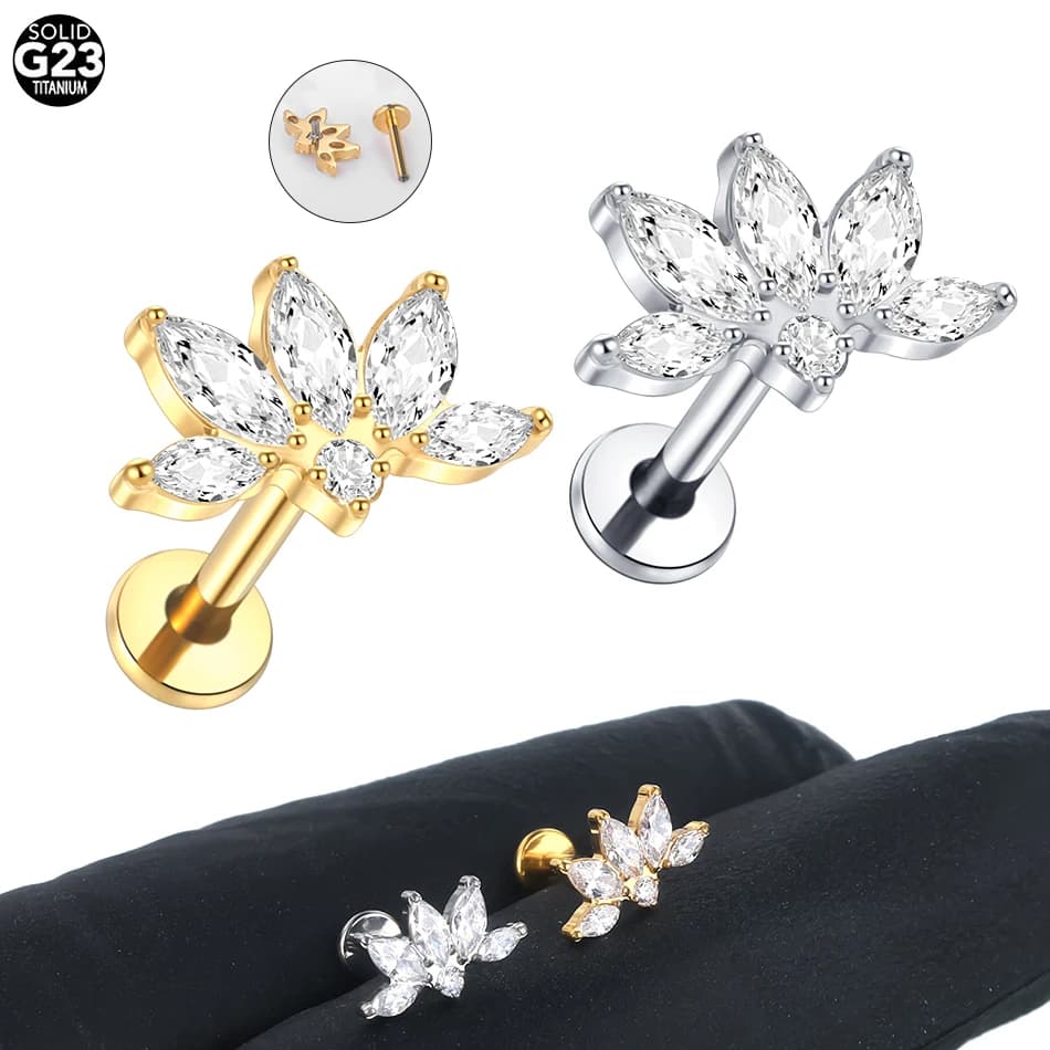 1PC 16G Titanium Marquise CZ Cartilage Helix Conch Lobe Stud Earring Piercings Flat Back Earring Lip Labret Stud Women Jewelry