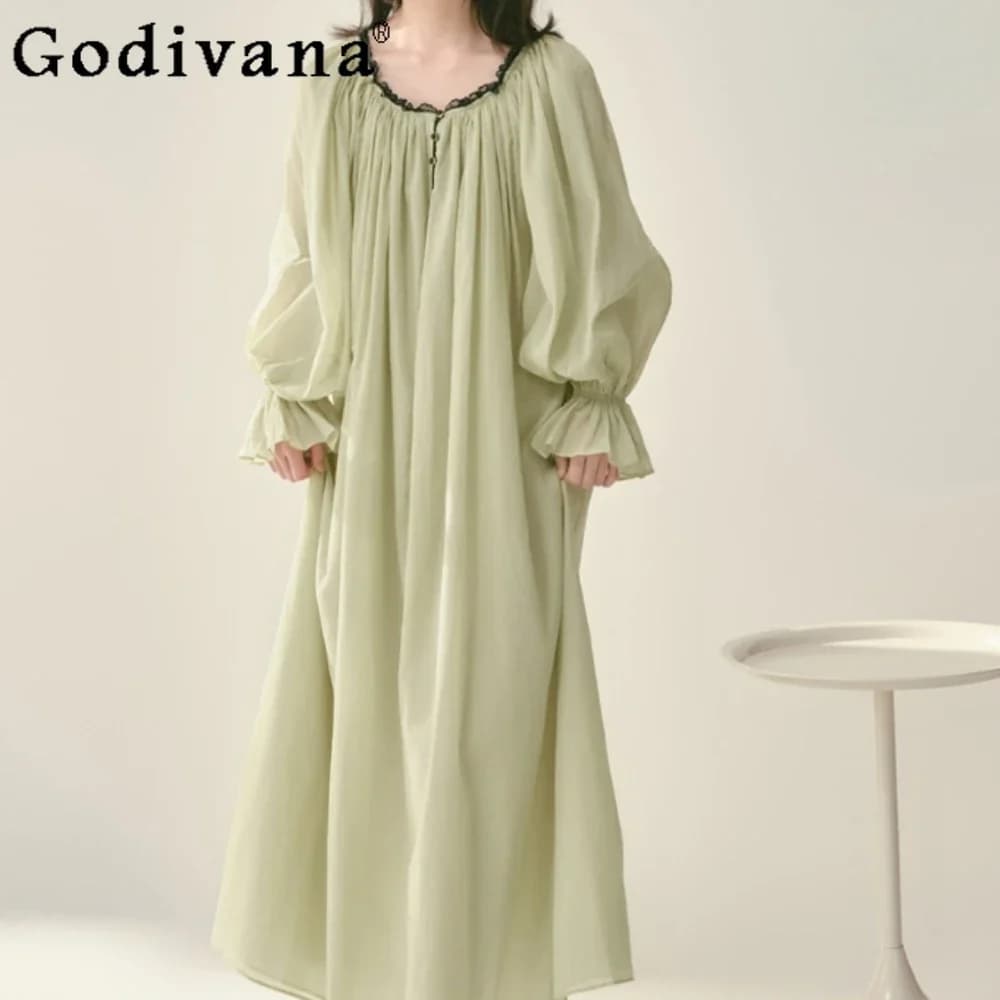French Court Style Pajamas Green Cotton Long Sleeve Sleepshirts Women with Chest Pad Integrated Nightgowns Dress Spring Autumn
