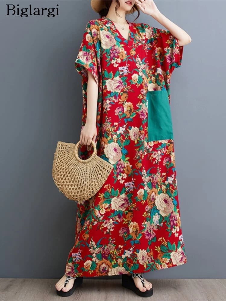 Oversized Summer Flower Floral Print Long V-Neck Dress Women Short Sleeve Casual Loose Modis Ladies Dresses Pleated Woman Dress