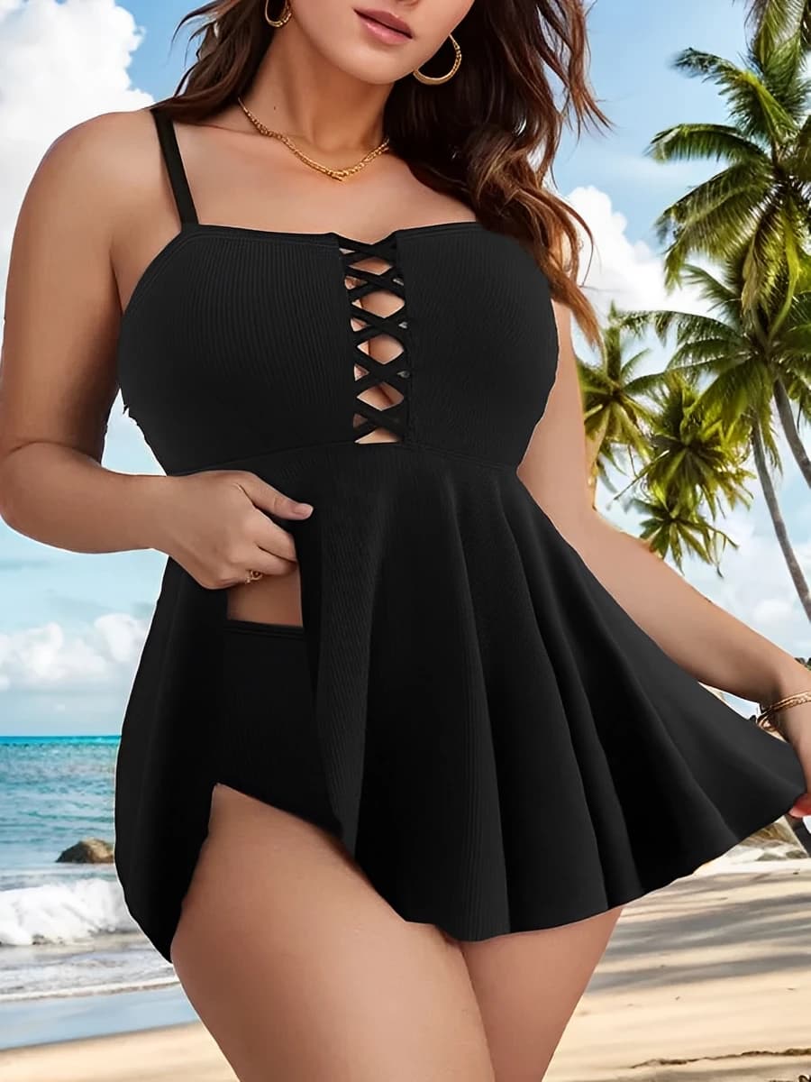 2025 Large Size Hollow Out Tankini 2 Pieces Swimsuit Women High Waist Swimwear Female Bathing Swimming Swim Suit Beach Bathers