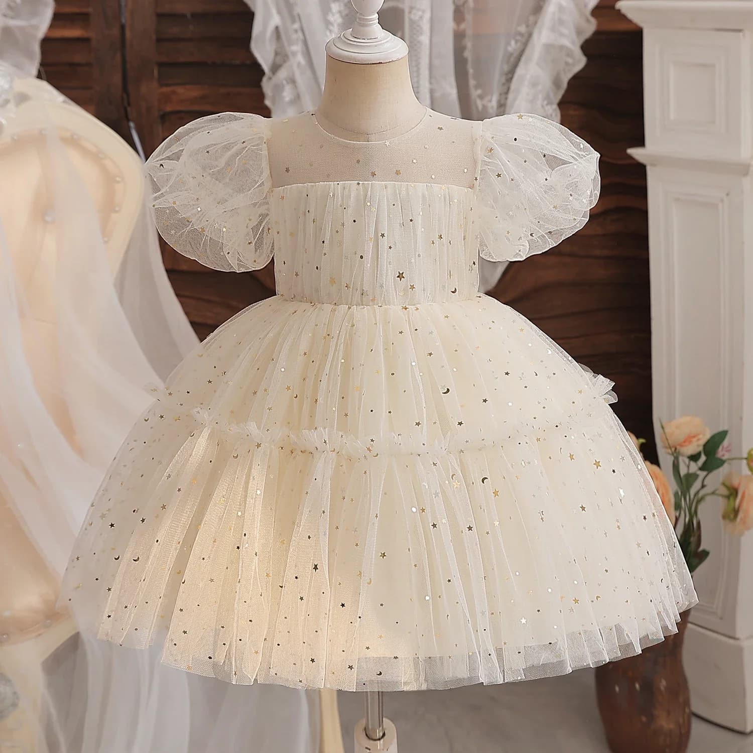 Toddler Girl Party Princess Dress Baby Champagne 1st Birthday Outfits Kids Summer Puff Sleeve Sequin Tutu Gown Girl Gala Clothes