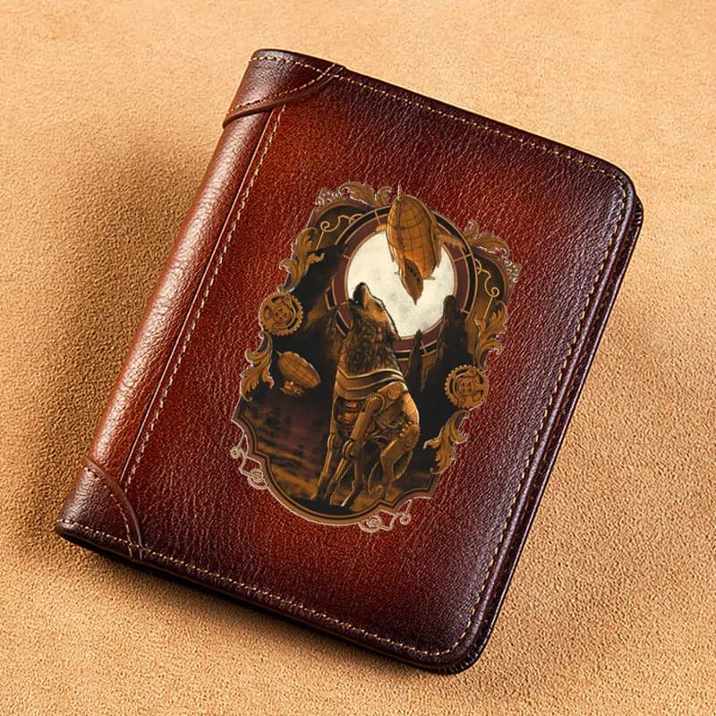 High Quality Genuine Leather Men Wallets Classic Steampunk Wolf Design Short Card Holder Purse Trifold Men's Wallet BK3865
