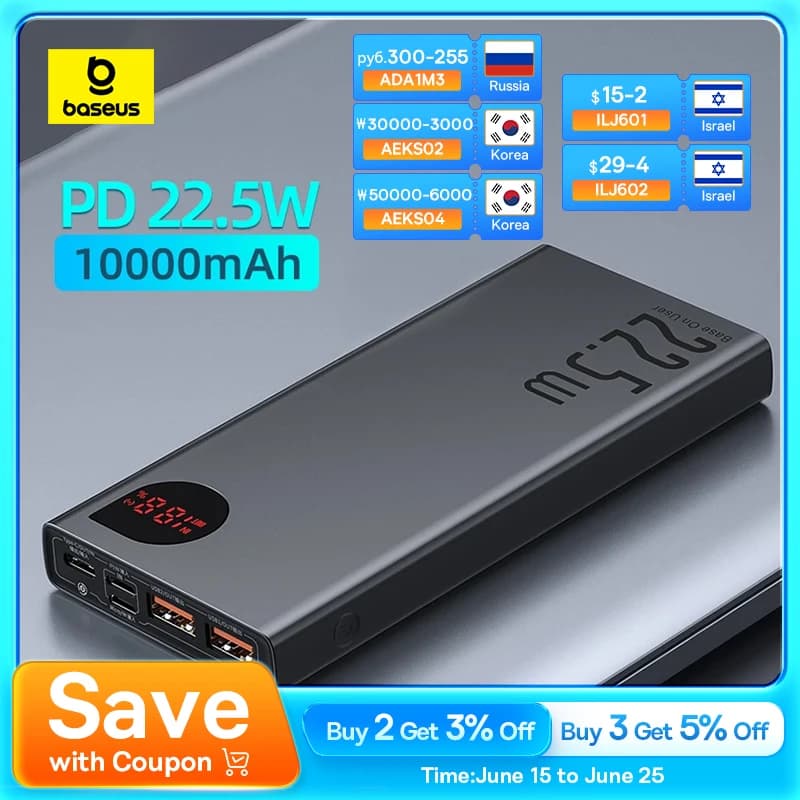 Baseus Power Bank 10000mAh with 22.5W PD Fast Charging Powerbank Portable Battery Charger For iPhone 16 15 14 13 Pro Max Xiaomi