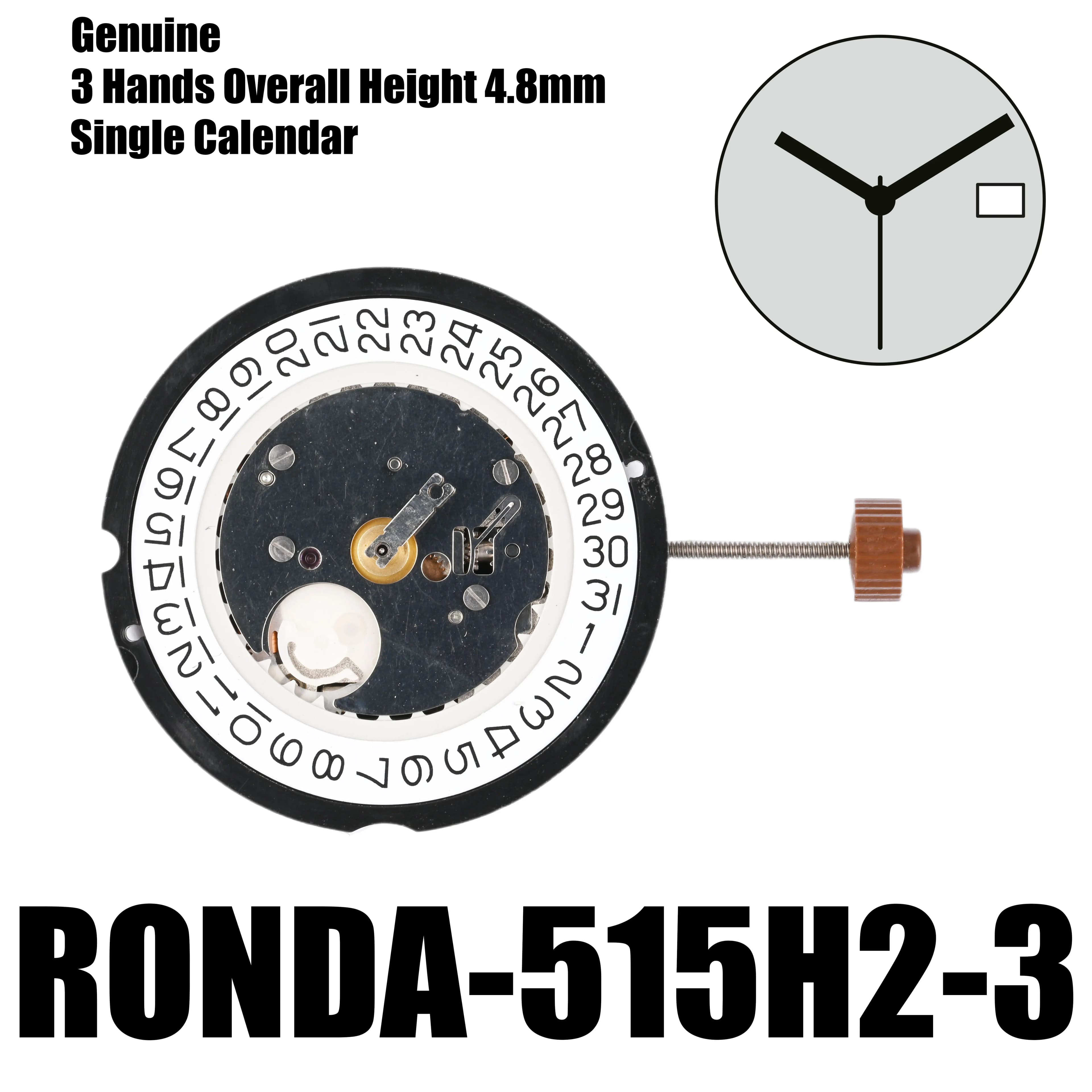 Genuine 515 Movement Ronda 515H2 Movement Overall Height 4.8mm Powertech Size 3mm 11½''' 25.60 Mm 3 Hands Date Displayed At 3