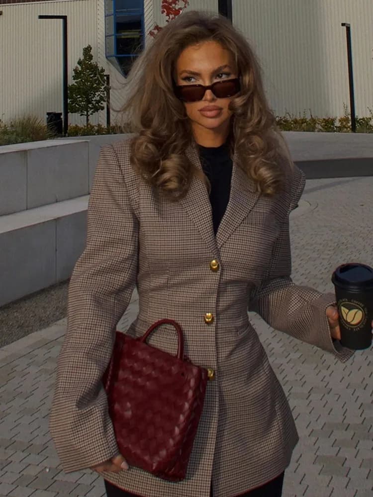 Woman Elegant Plaid Lapel Slim Suit Jacket Fashion Long Sleeves Single Breasted Casual Coat 2024 New Fall Lady Commuter Wears