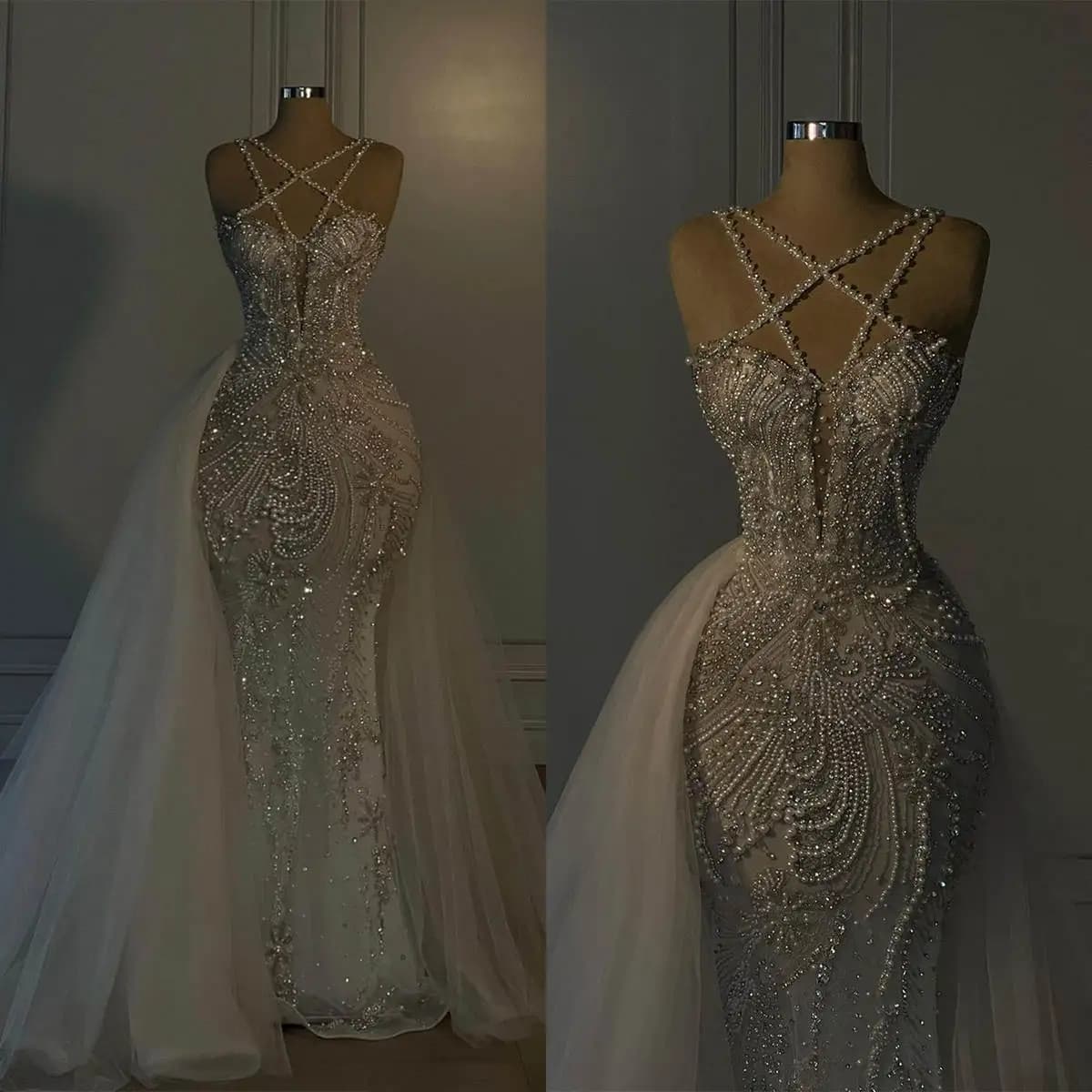 Luxury Wedding Dresses Crystal Pearls Bride Gown Mermaid Bridal Dress Detachable Train Sleeveless Custom Made Vestidos De Novia