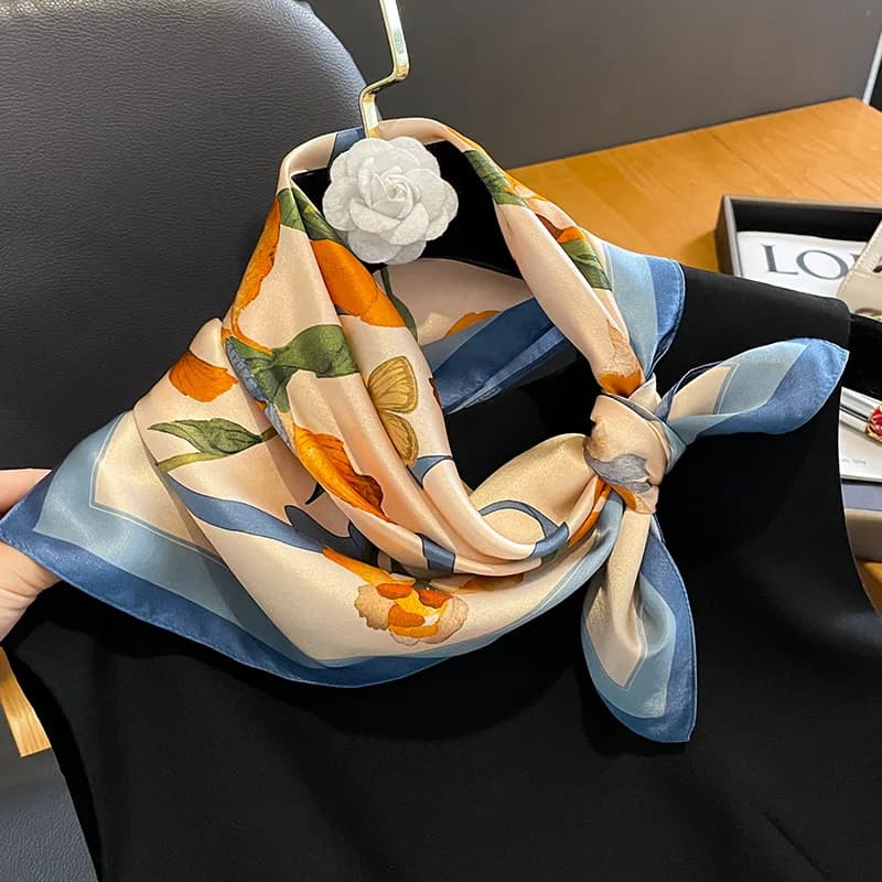 53cm Women 100% Silk Scarf Nature Foulard Female Floral Neckerchief Bandana High Quality Small Scarves for Hairbands 2023