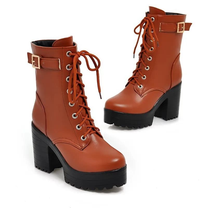 Women Motorcycle Boots High Heels Women Ankle Boots Lace Up Fall Winter Platform Ladies Boots Large Size Fashion Shoes