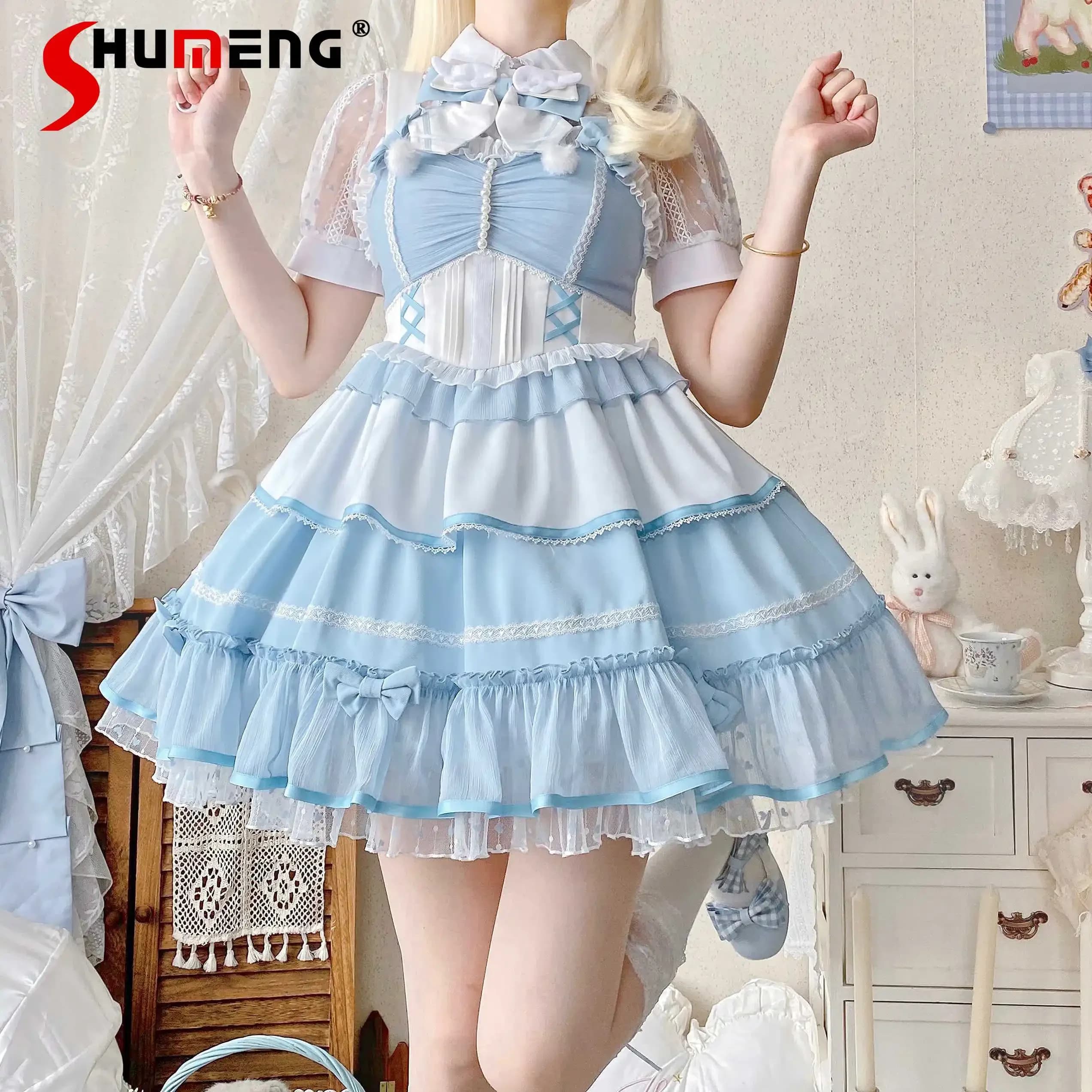 Japanese Sweet Cute Lolita JSK Dress Set Doll Collar Dot Inner Shirt Tops Ruffles Bow Sleeveless Sling Dress Two-piece Set Women