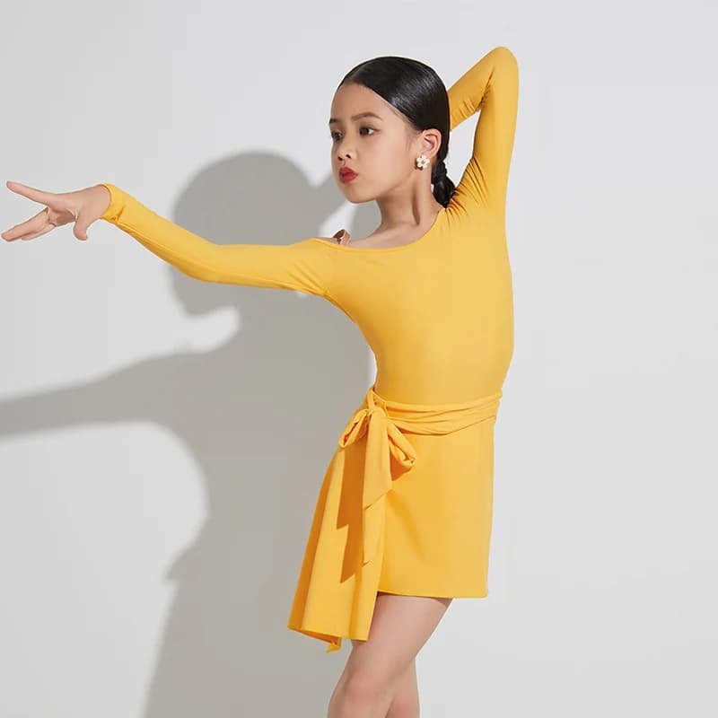 Latin Dance Clothes Girls Yellow Long Sleeve Practice Dress ChaCha Dancing Performance Wear Samba Rumba Dancer Outfit DL11182