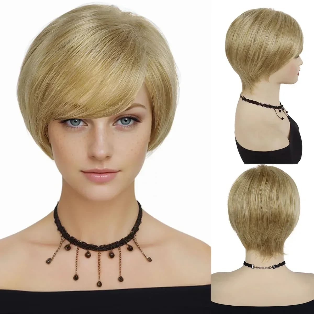 Synthetic Blonde Wigs for Women Short Haircuts Mom Wig with Bangs Natural Hairstyles Mixed Blond Straight Hair Old Lady Costume