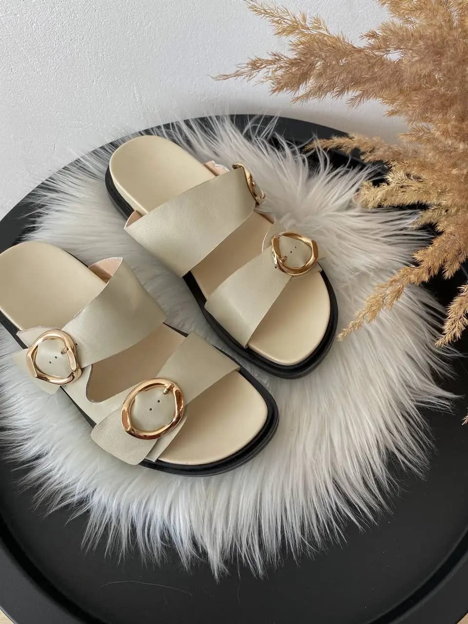 Meotina INS ZA Women Genuine Leather Sandals Round Toe Flat Slides Buckle Ladies Casual Slippers Summer Shoes Beige Black 40