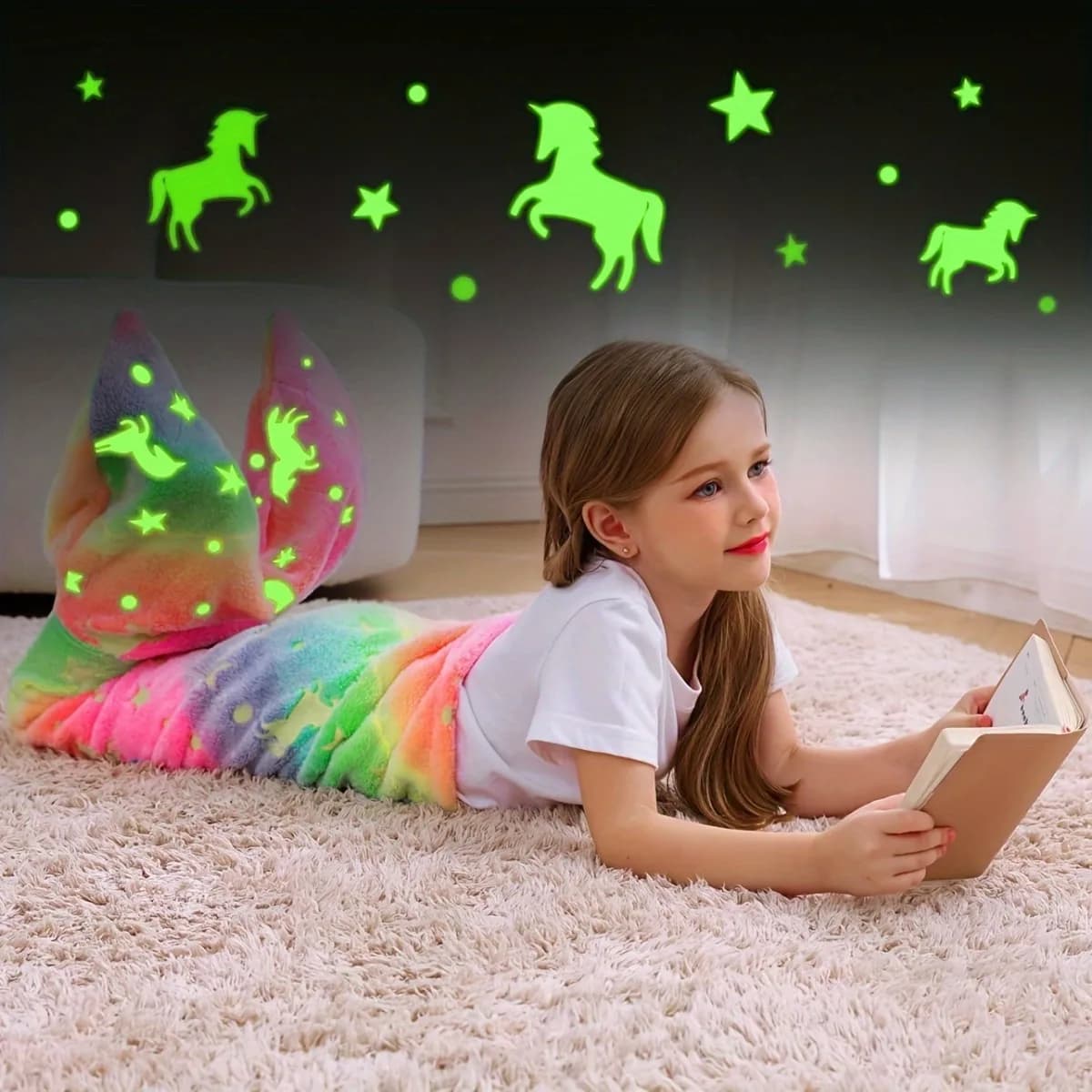 Cartoon Rainbow Unicorn Mermaid Tail Blanket Super Soft Glow in The Dark Flannel Mermaid Tail Blanket Gifts for Girls