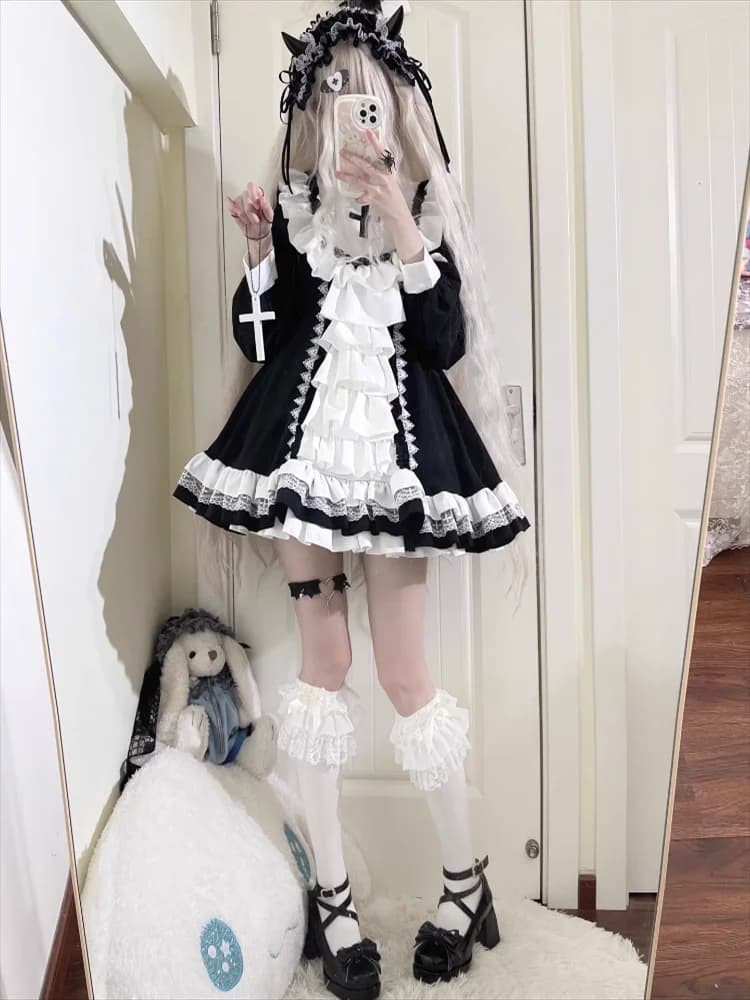Gothic Nun Style Lolita Short Black Dress Princess Lolita Cute Fluffy Cos Loli Tea Party Dress