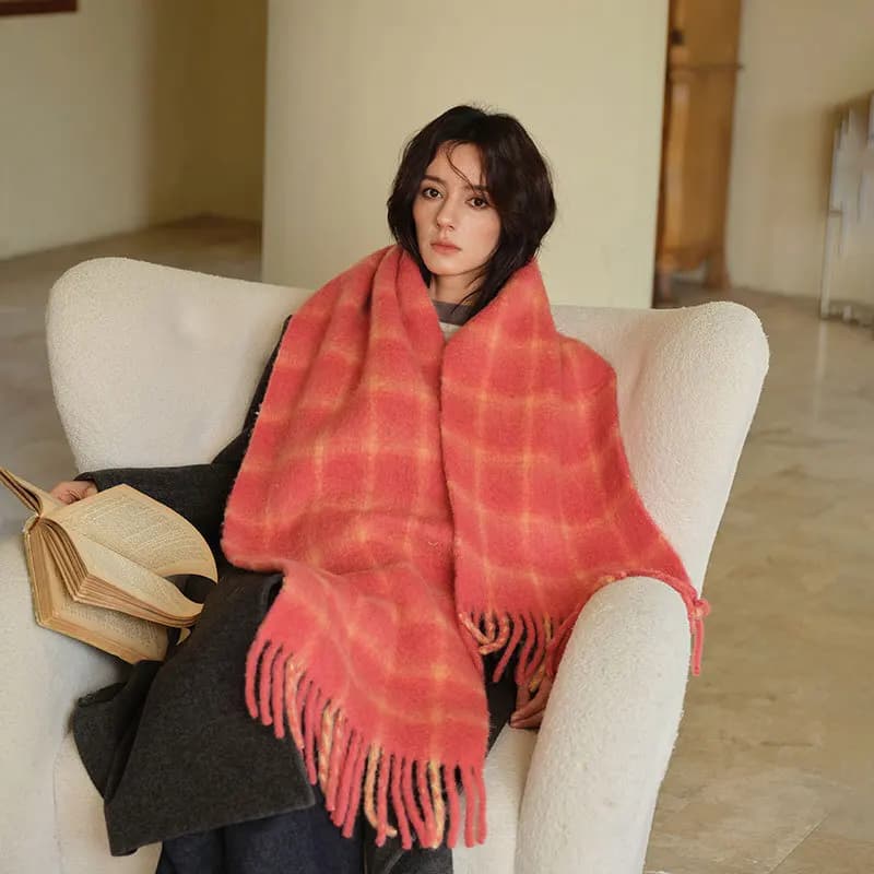 2024Winter New Retro Red plaid Wool Blended Women's Scarf Thickened Warm Outer Coat Shawl Soft Sticky Skin friendly Tassel Scarf