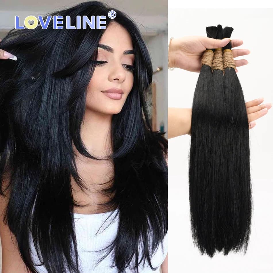 Loveline 1# Bulk Hair Extension Weaving For Braiding Jet Black 100G No Weft Brazilian Straight Virgin Human Hair Salon Supplies