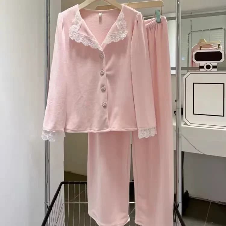 Sweet French Pajamas Set New Island Velvet Women Sleepwear Out-Wear Autumn Winter Lace Flannel Trouser Suit Home Wear Loungewear