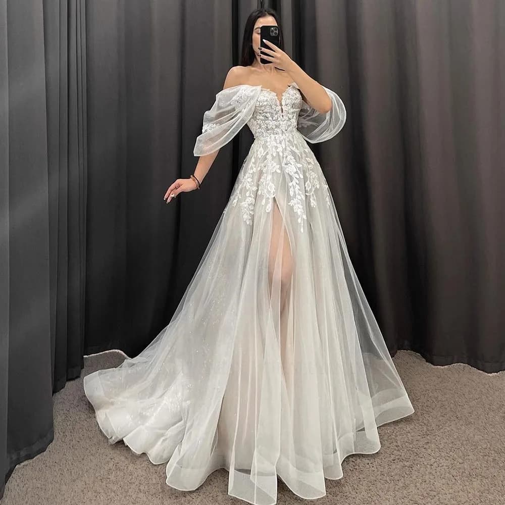 Ivory A-Line Wedding Dresses Women V-Neck Short Sleeves Long Bride Dress Sweep Train Lace Applique Occasion Gowns EBG98004