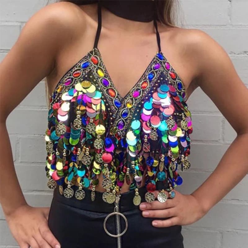 Sequin Halter Bra Top Salsa Belly Dance Boho Festival Clubbing Tribal Bra BH Top Lady Shiny Sequins Bra Top