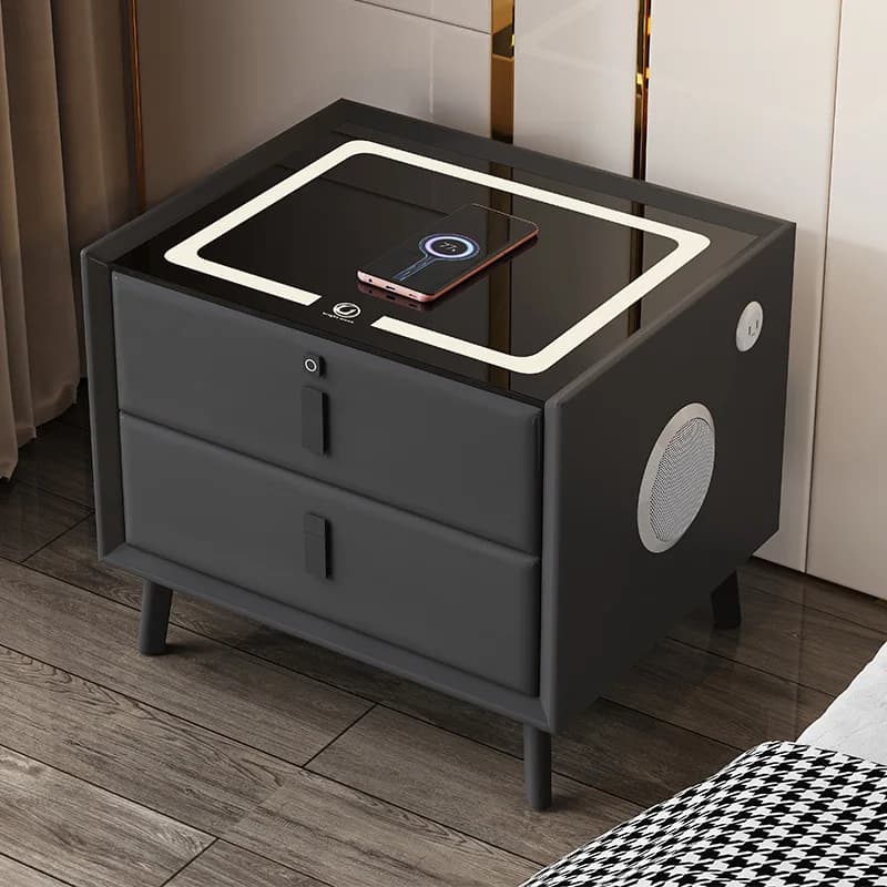 Nordic Style Smart Bedside Table with 2 Drawers 50cm Leather Nightstands with Wireless Charging Home Side Cabinet with USB