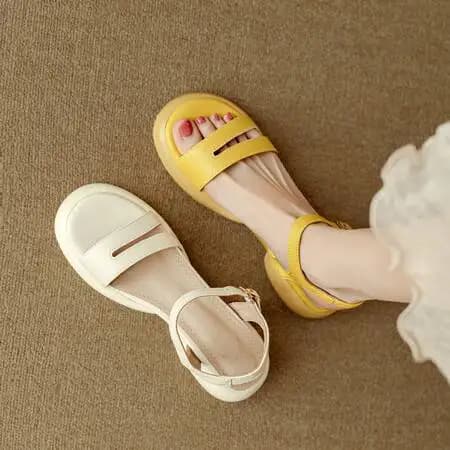 Female Sandal Block Heels Open Toe All-Match 2024 Summer Buckle Strap Yellow Shoes for Women Girls Chunky Peep Beige Comfort New