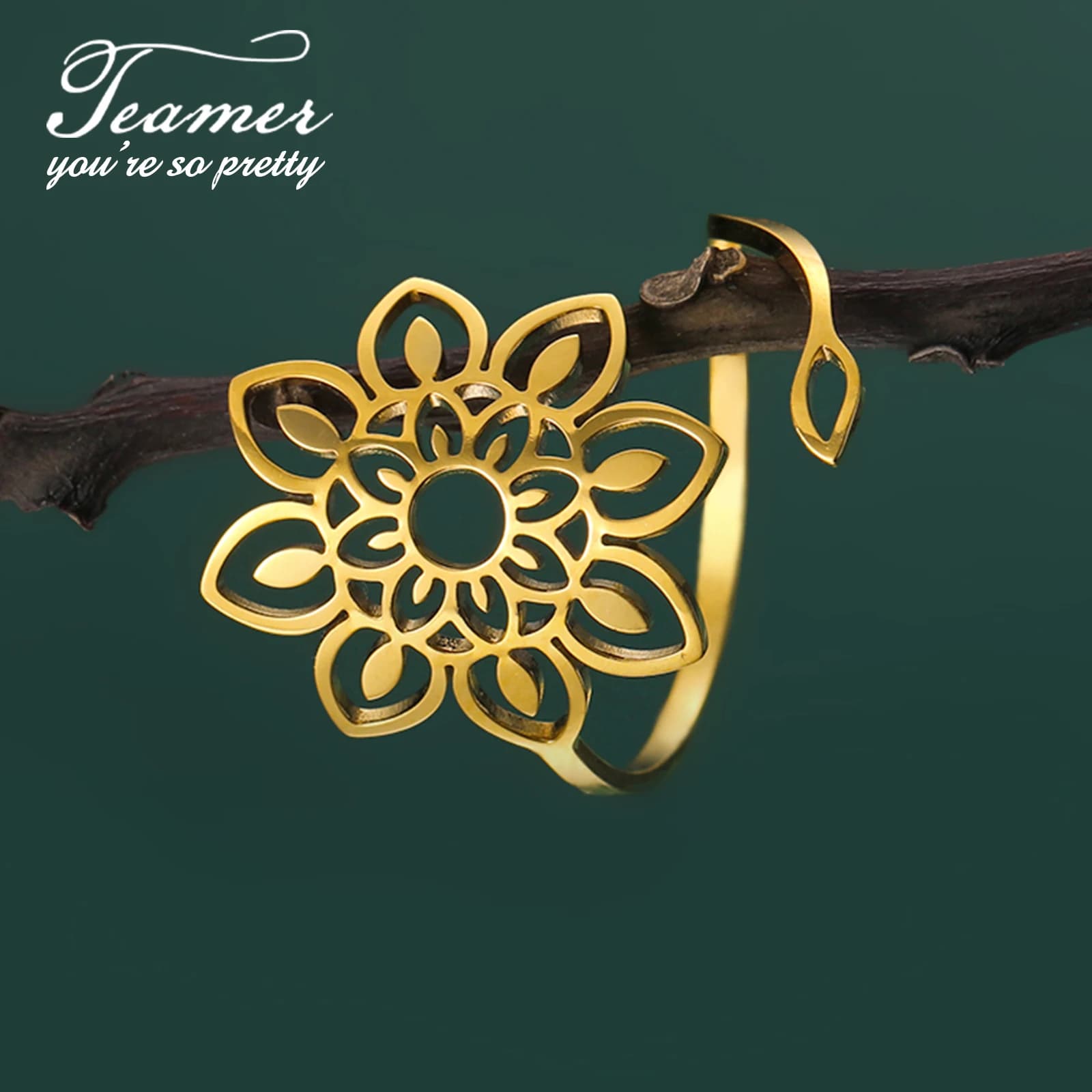 Teamer Filigree Yoga Lotus Flower Stainless Steel Ring Women Open Adjustable Vintage Finger Ring Buddhism Bohemian Jewelry Gifts