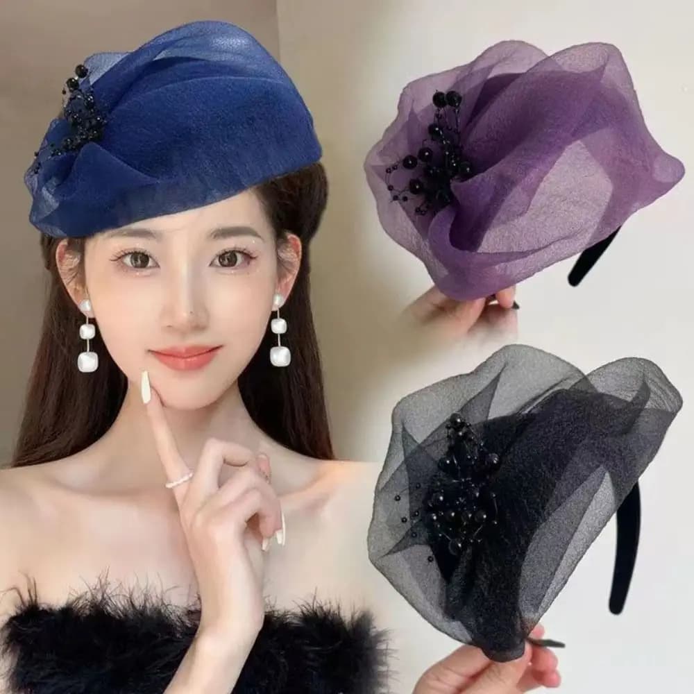 Elegant Beaded Mesh Hairband Women French Hair Accessories Mesh Veil Fascinator Hat Dinner Party Hairband Bead Yarn Half Hat