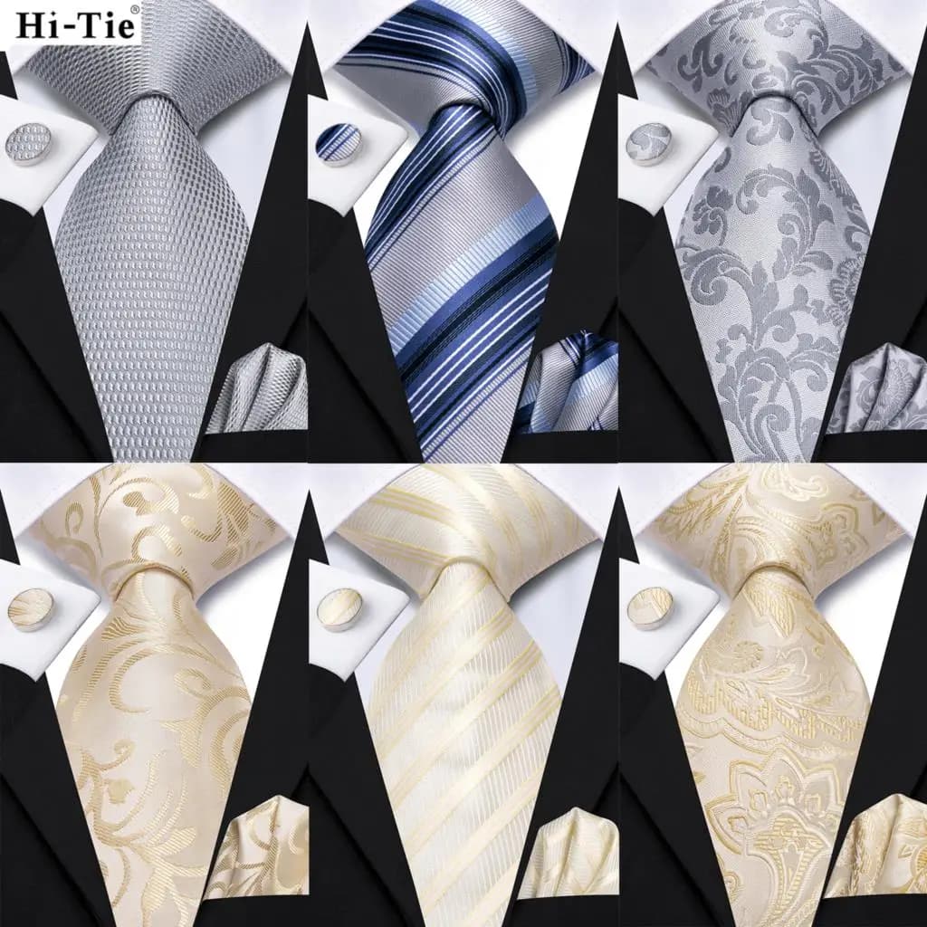 Hi-Tie Champagne Floral Paisley Silk Elegant Tie For Men Groom Wedding Men Necktie Pocket Square Cufflink Accessory Wholesale